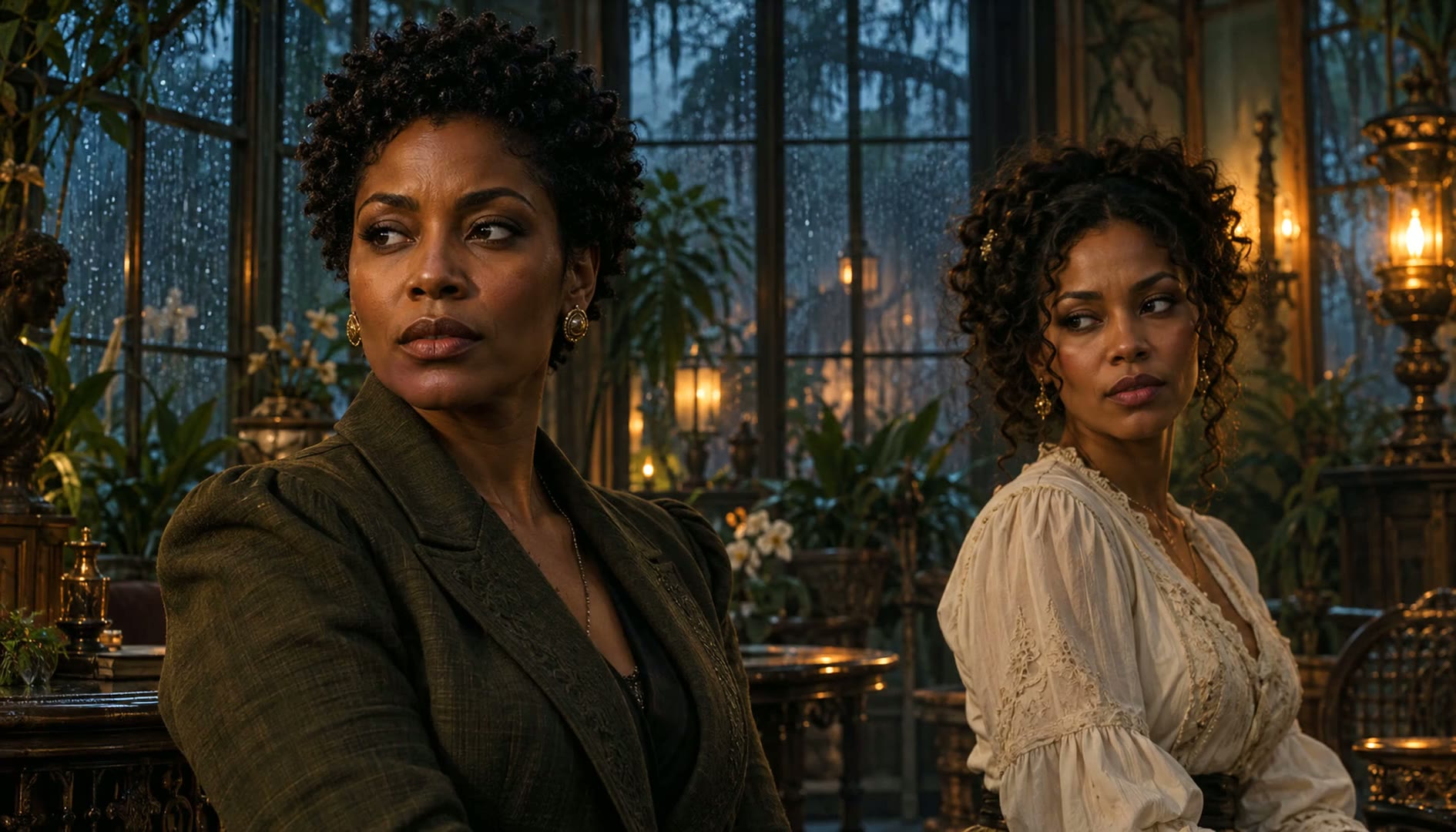 Living portrait: Simone (left) and Camille (right) in the rain-lit conservatory